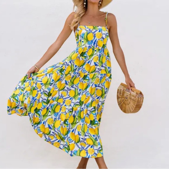 Kenny Flowers The Positano Tiered Maxi Dress Resort  Smocked Back Lemon Sz Small - Picture 8 of 13